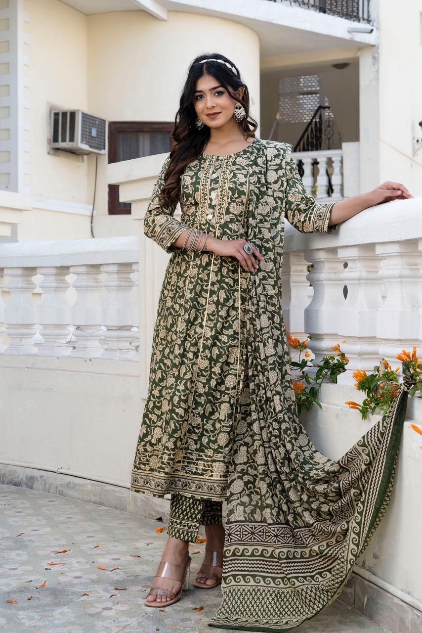 Floral Printed Sequined Mirror Work A-line Pure Cotton Kurta with Patiala & Dupatta