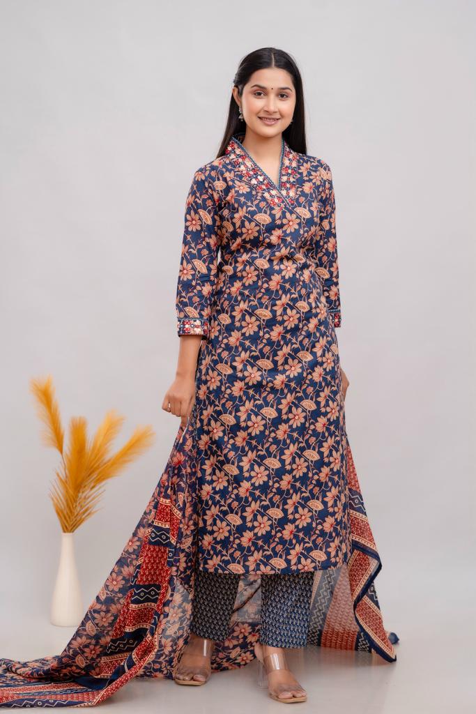 Women Lavender & White Bandhani Printed Gotta Patti Cotton Straight Kurta